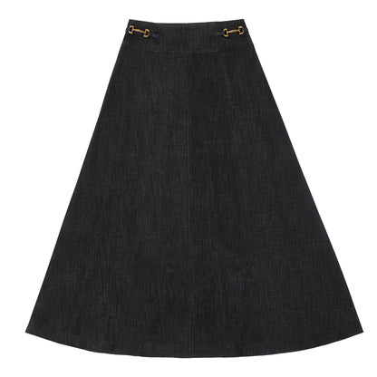 Eleve Teens Black Denim Drop Waisted Maxi Skirt with Gold Buckles