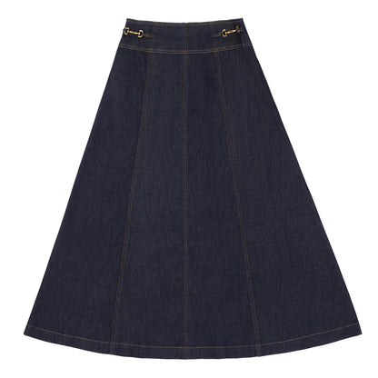 Eleve Teens Blue Denim Drop Waisted Maxi Skirt with Gold Buckles