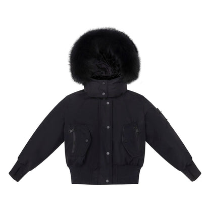 Ellabee Black Adelle Canvas Down Bomber Coat- Black Fox Fur