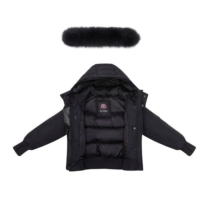 Ellabee Black Adelle Canvas Down Bomber Coat- Black Fox Fur