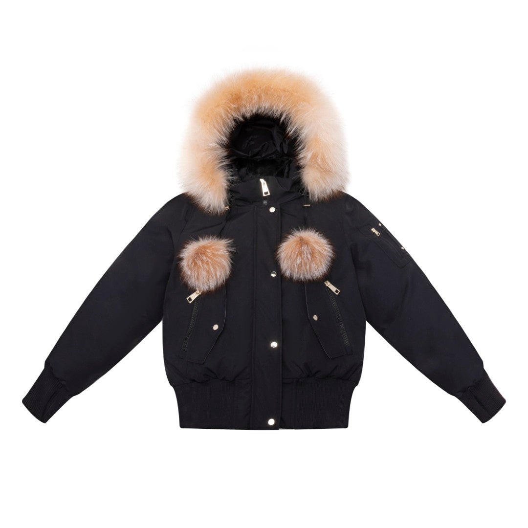 Ellabee Adelle Canvas Black Down Bomber with Pom Poms