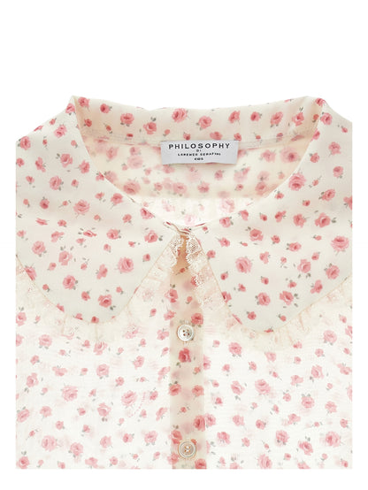 Philosophy White Pink Small Rose Print Button Up Blouse