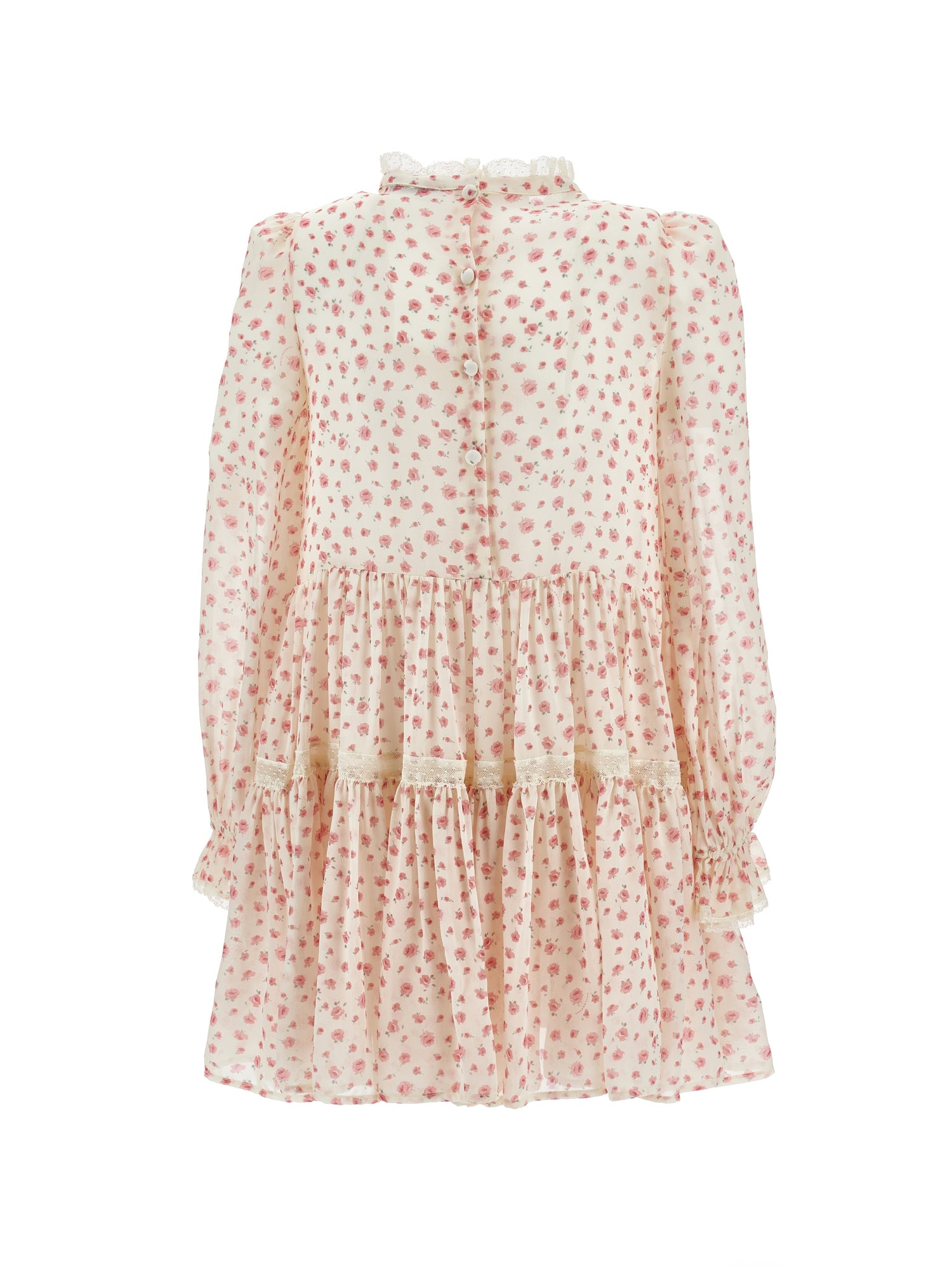 Philosophy White Pink Small Rose Print Dress with Lace Trim