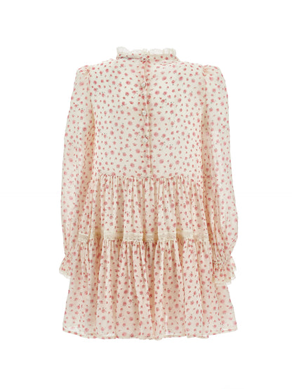 Philosophy White Pink Small Rose Print Dress with Lace Trim