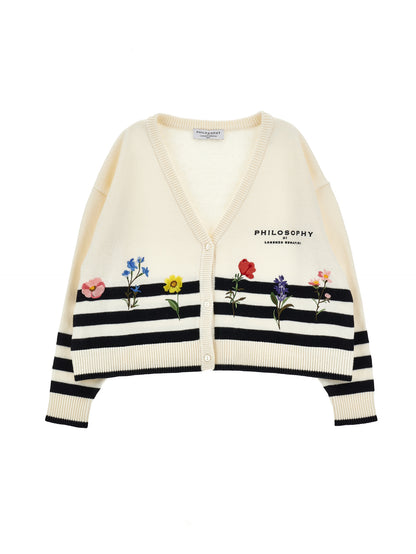 Philosophy Off-White Striped Knit Cardigan with Floral Embroidery
