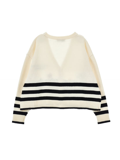 Philosophy Off-White Striped Knit Cardigan with Floral Embroidery