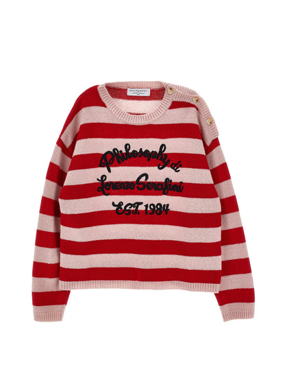 Philosophy Girls Rosa Antico+Rosso Stripe Script Logo Sweater