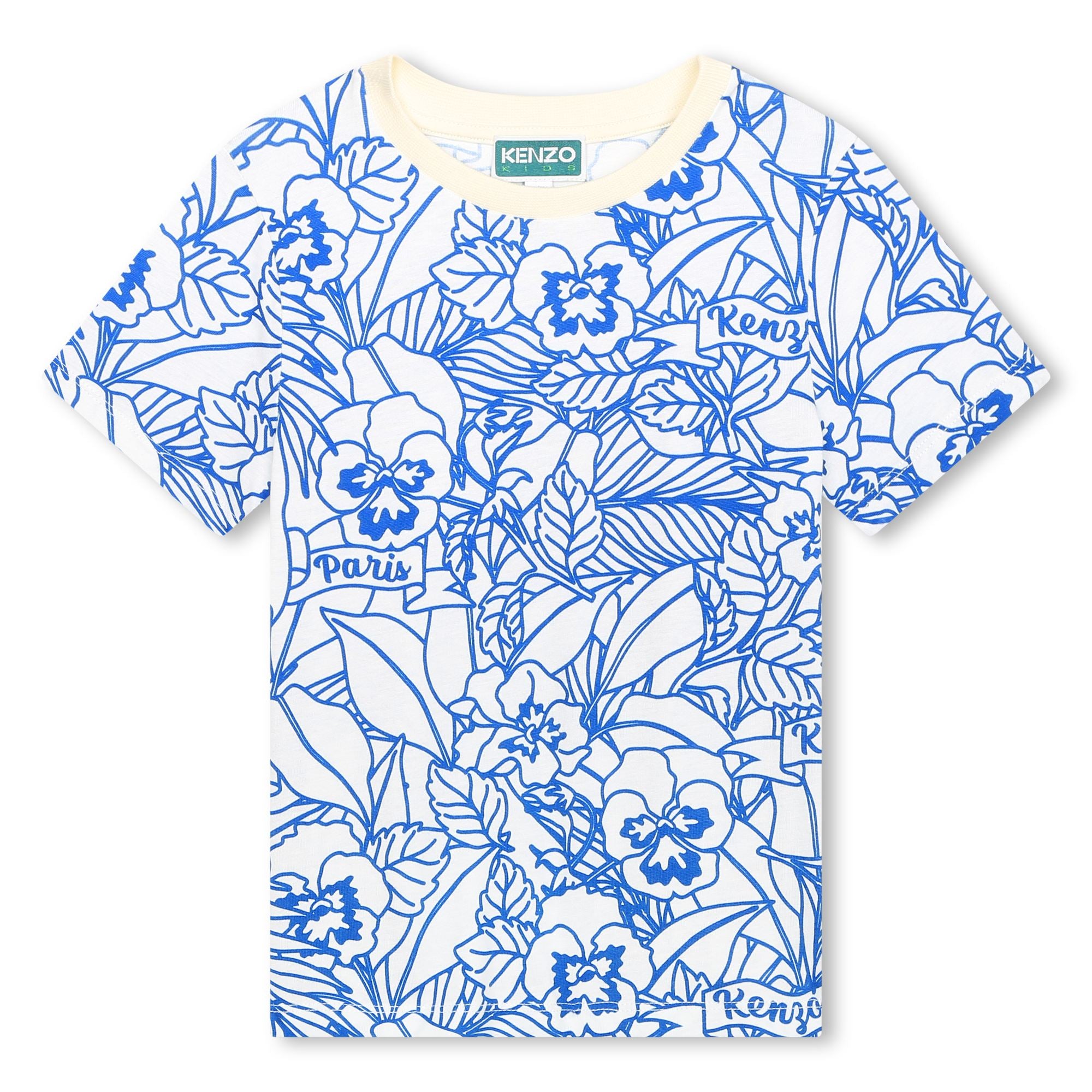 Kenzo Ivory and Blue Allover Flower Graphic Tee Shirt