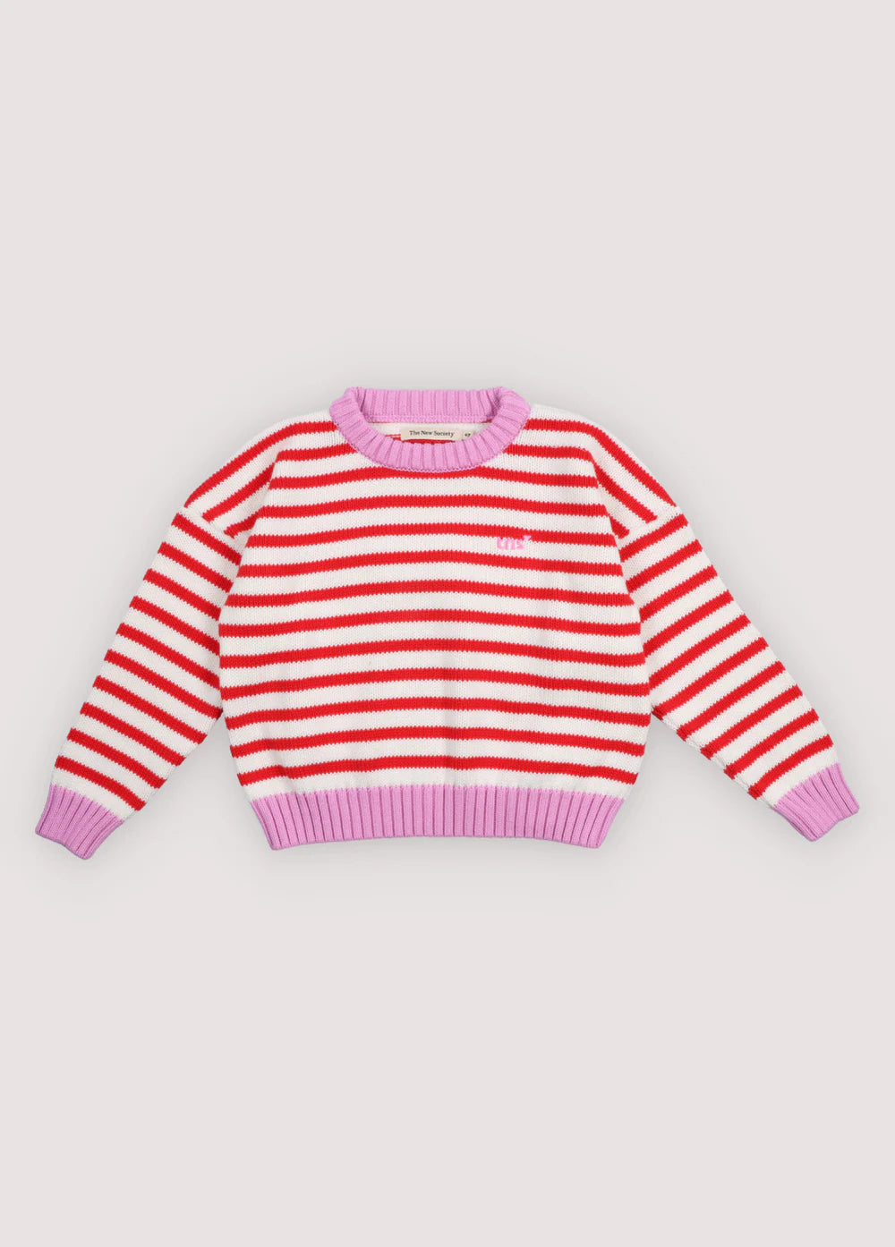 The New Society Marigold Sweater Tulip Red &amp; Pink Lavender Stripes