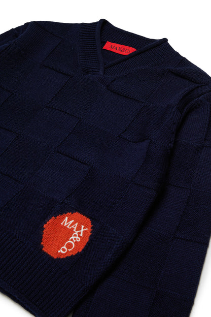Max&amp;Co. Navy Checkered Pattern Knit Sweater