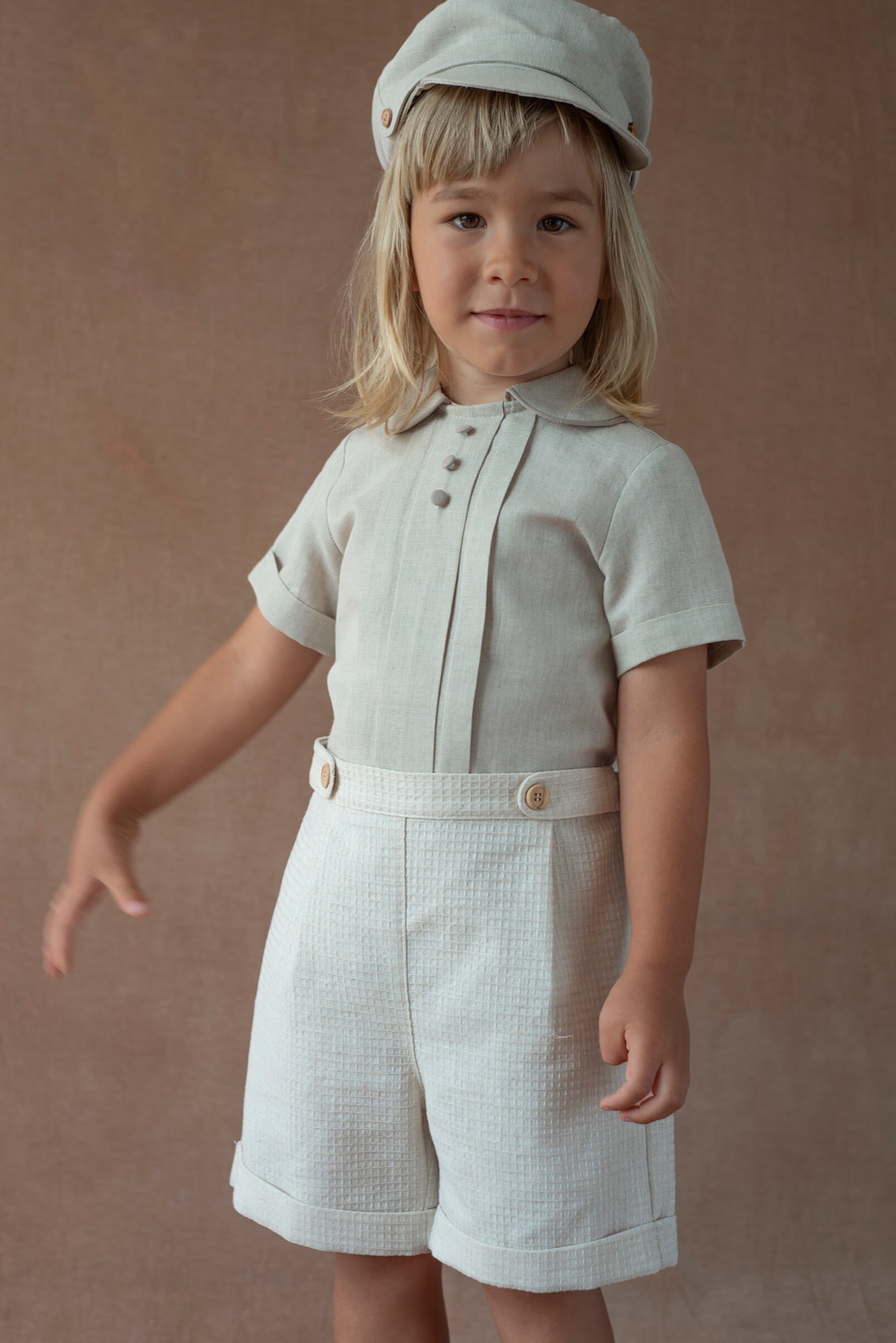 Popelin Sand Linen Shirt with Central Panel