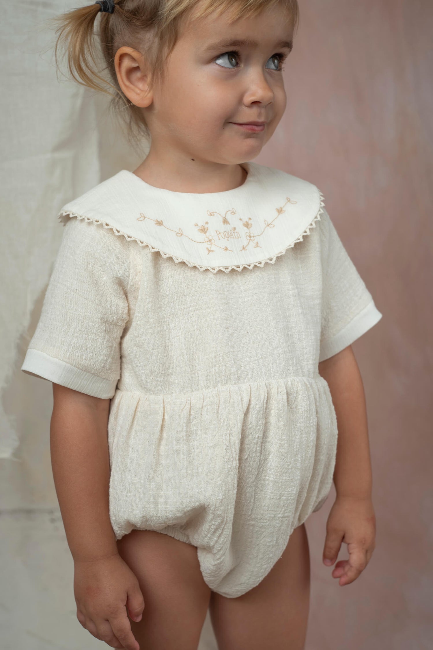 Popelin Off-White Romper Suit with Embroidered Bib Collar