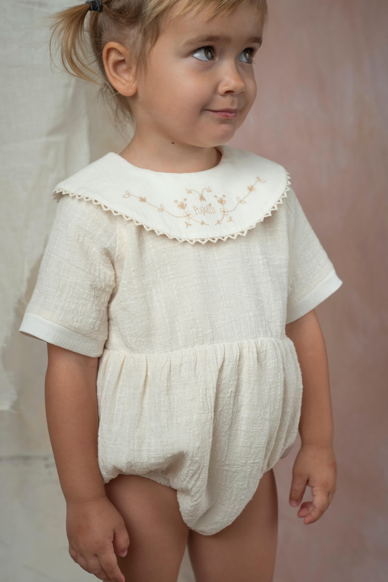 Popelin Off-White Romper Suit with Embroidered Bib Collar