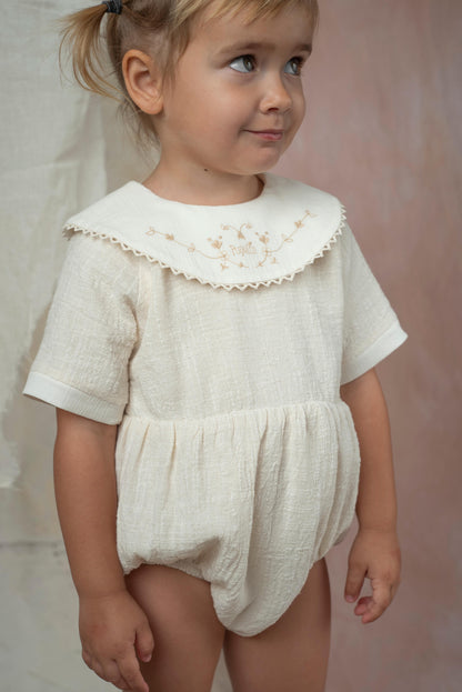 Popelin Off-White Romper Suit with Embroidered Bib Collar