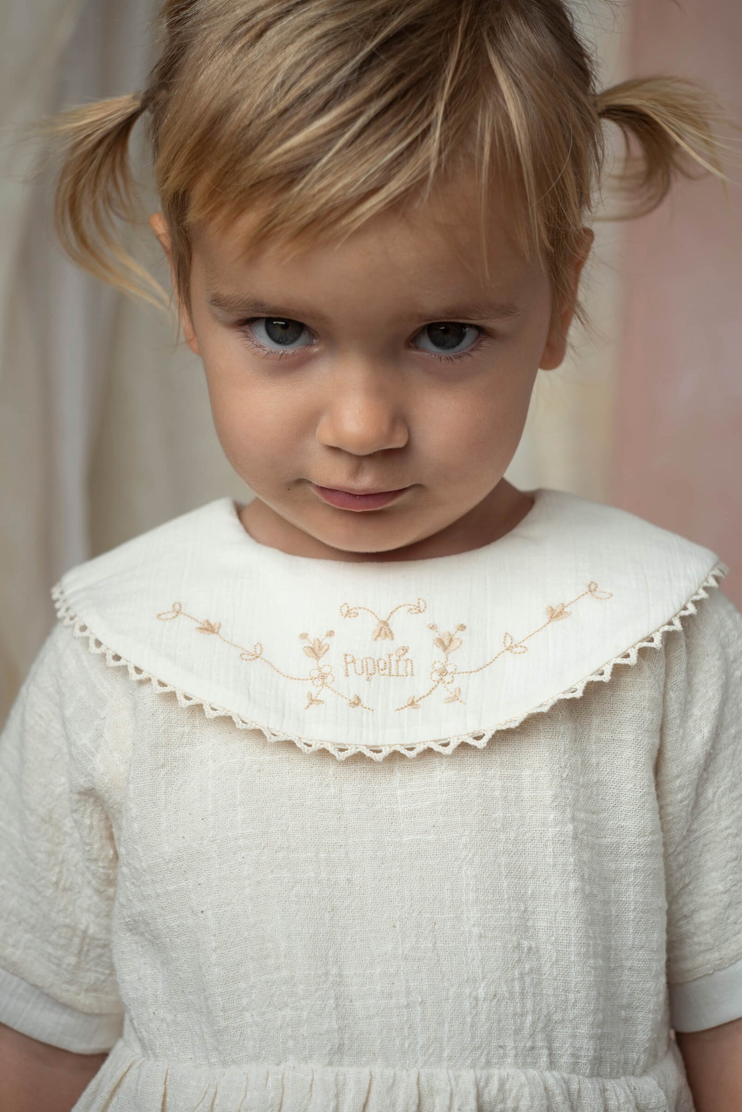 Popelin Off-White Romper Suit with Embroidered Bib Collar