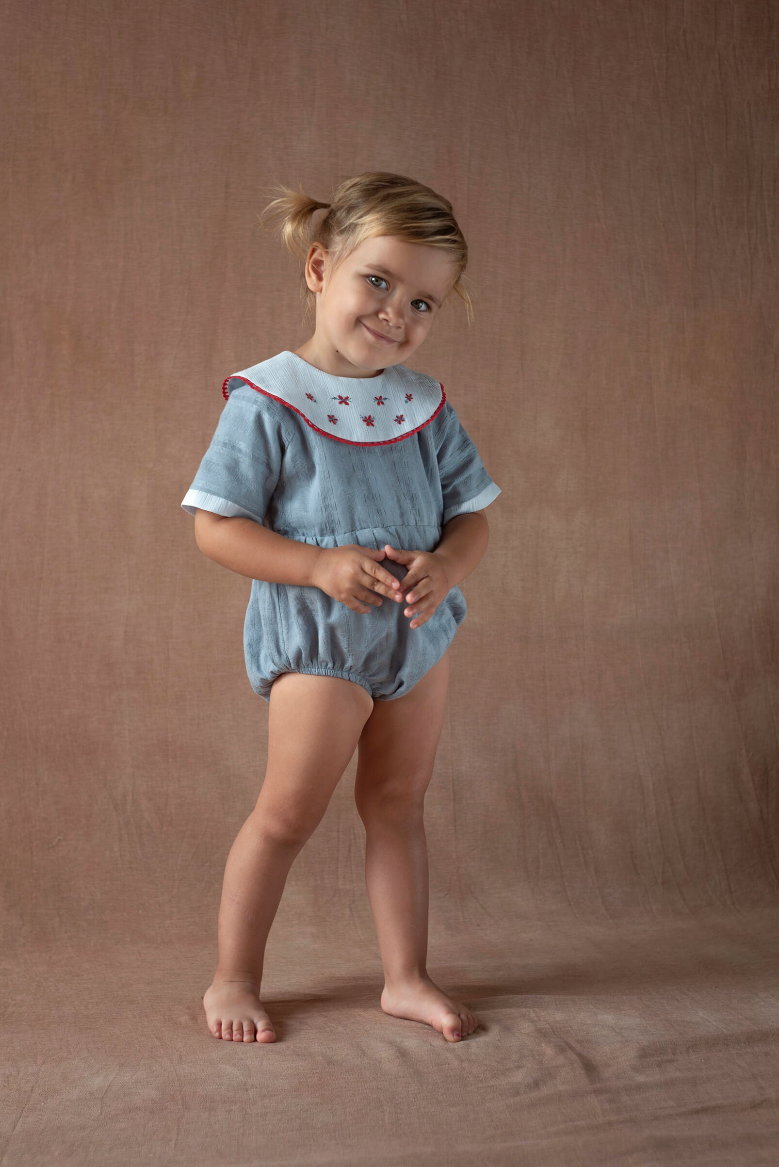 Popelin Blue Romper Suit with Embroidered Bib Collar
