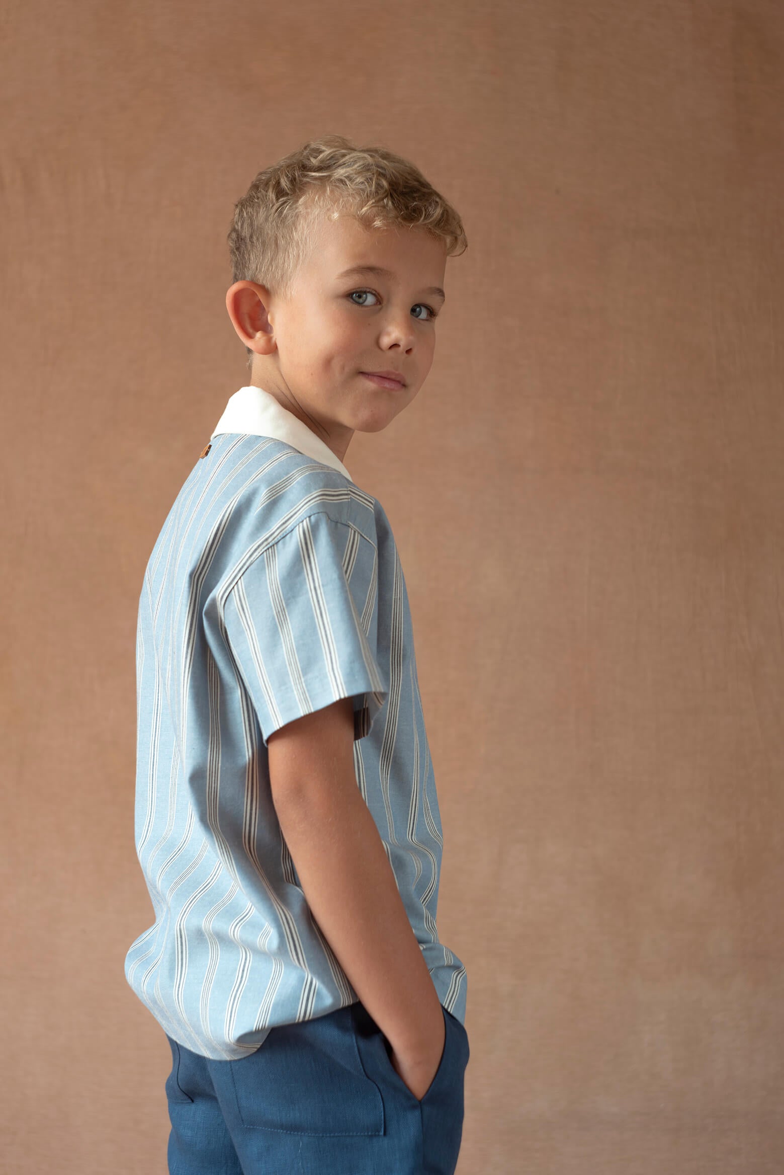 Popelin Blue Striped Shirt with Lapel Collar