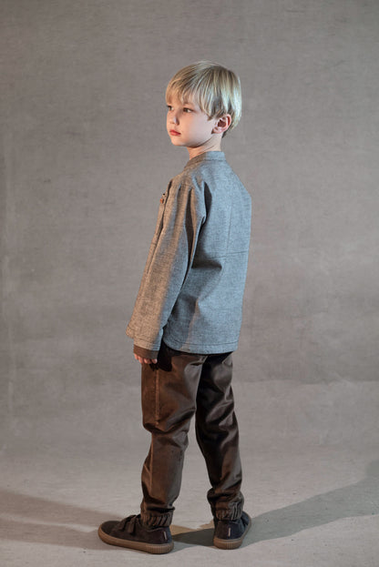 Popelin Boys Brown Herringbone Contrasting Shirt with Mandarin Collar