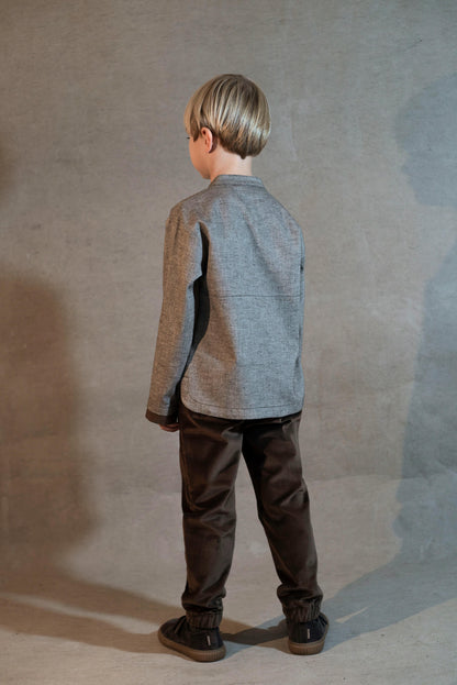 Popelin Boys Brown Herringbone Contrasting Shirt with Mandarin Collar