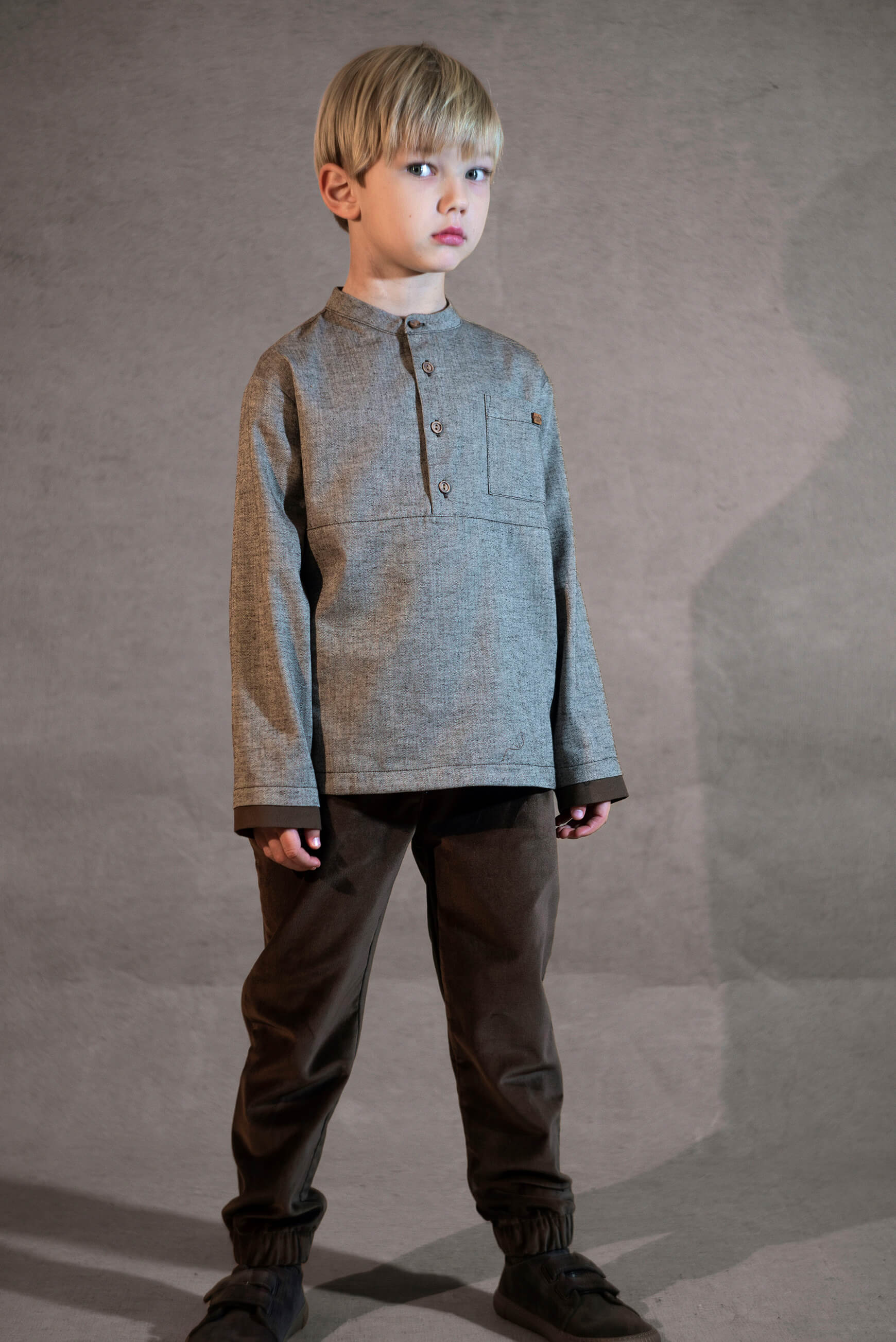 Popelin Boys Brown Herringbone Contrasting Shirt with Mandarin Collar