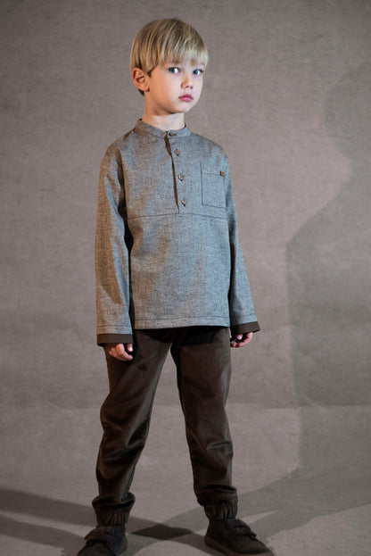 Popelin Boys Brown Herringbone Contrasting Shirt with Mandarin Collar