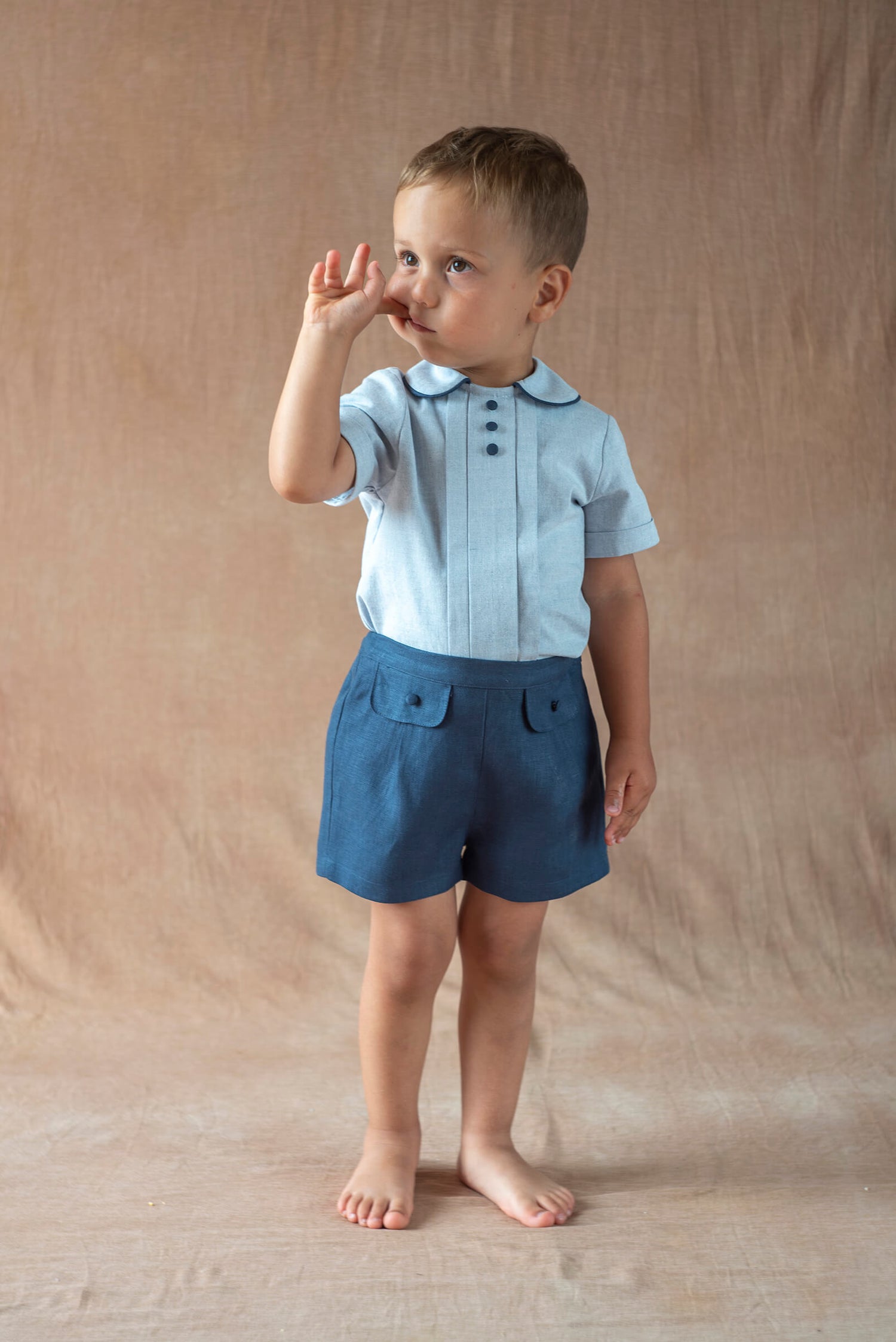 Popelin Navy Blue Linen Shorts with Flaps