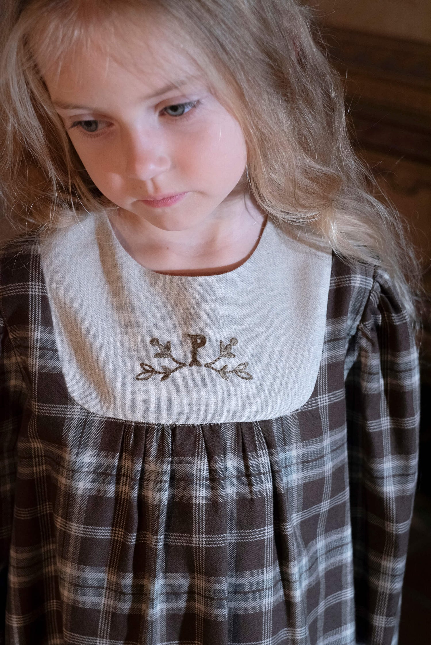 Popelin Girls Brown Plaid Short Dress With Embroidered Yoke