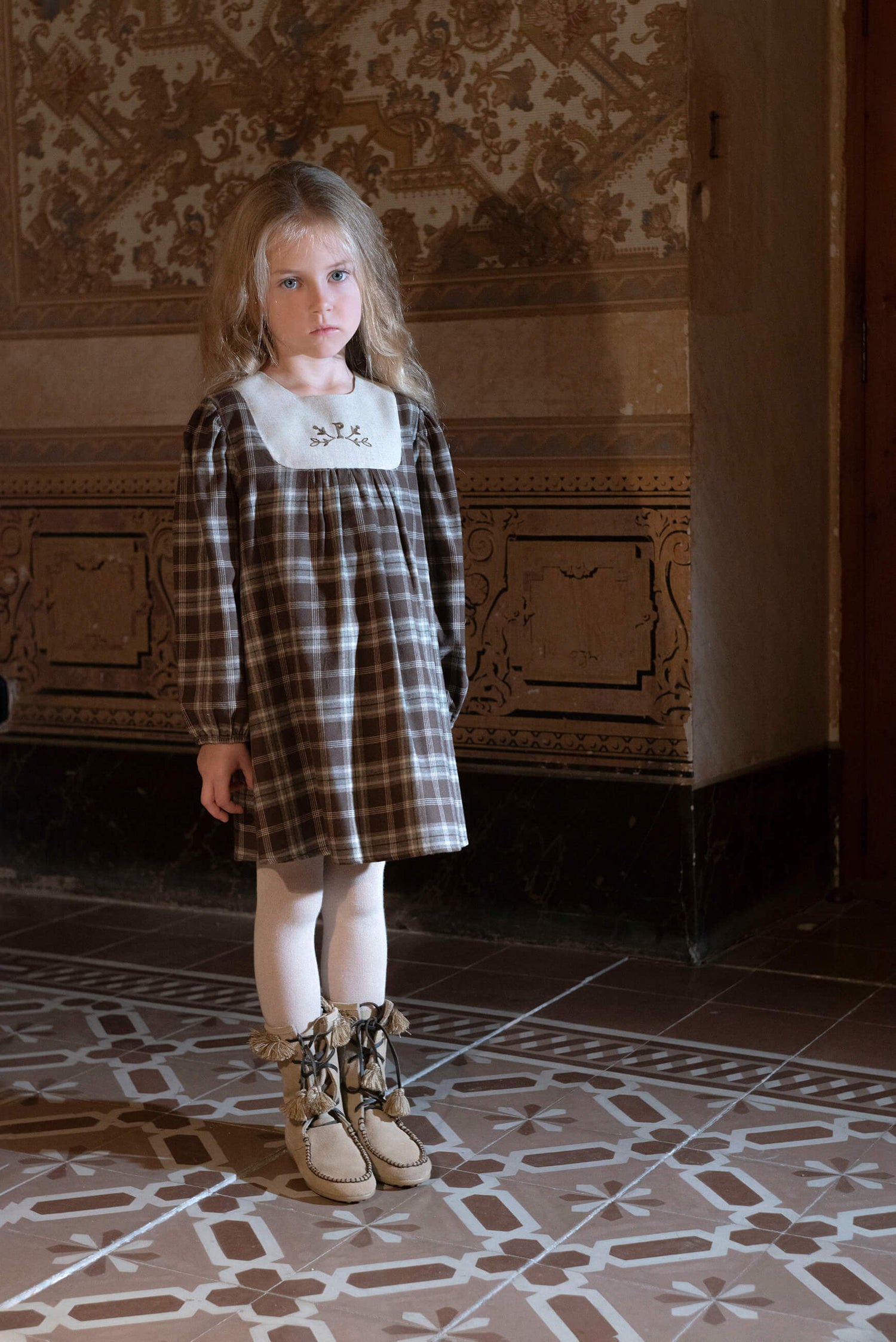 Popelin Girls Brown Plaid Short Dress With Embroidered Yoke