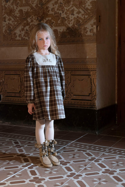 Popelin Girls Brown Plaid Short Dress With Embroidered Yoke