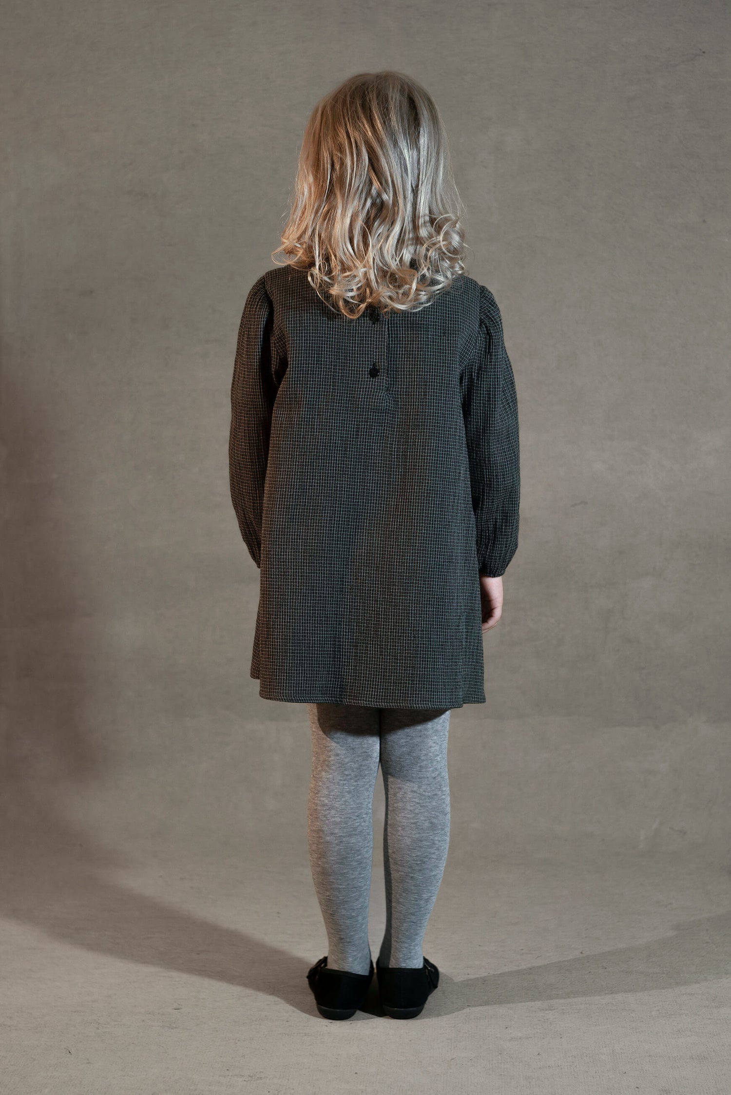 Popelin Girls Black Gingham Short Dress With Embroidered Yoke