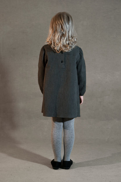 Popelin Girls Black Gingham Short Dress With Embroidered Yoke