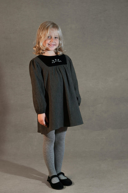 Popelin Girls Black Gingham Short Dress With Embroidered Yoke