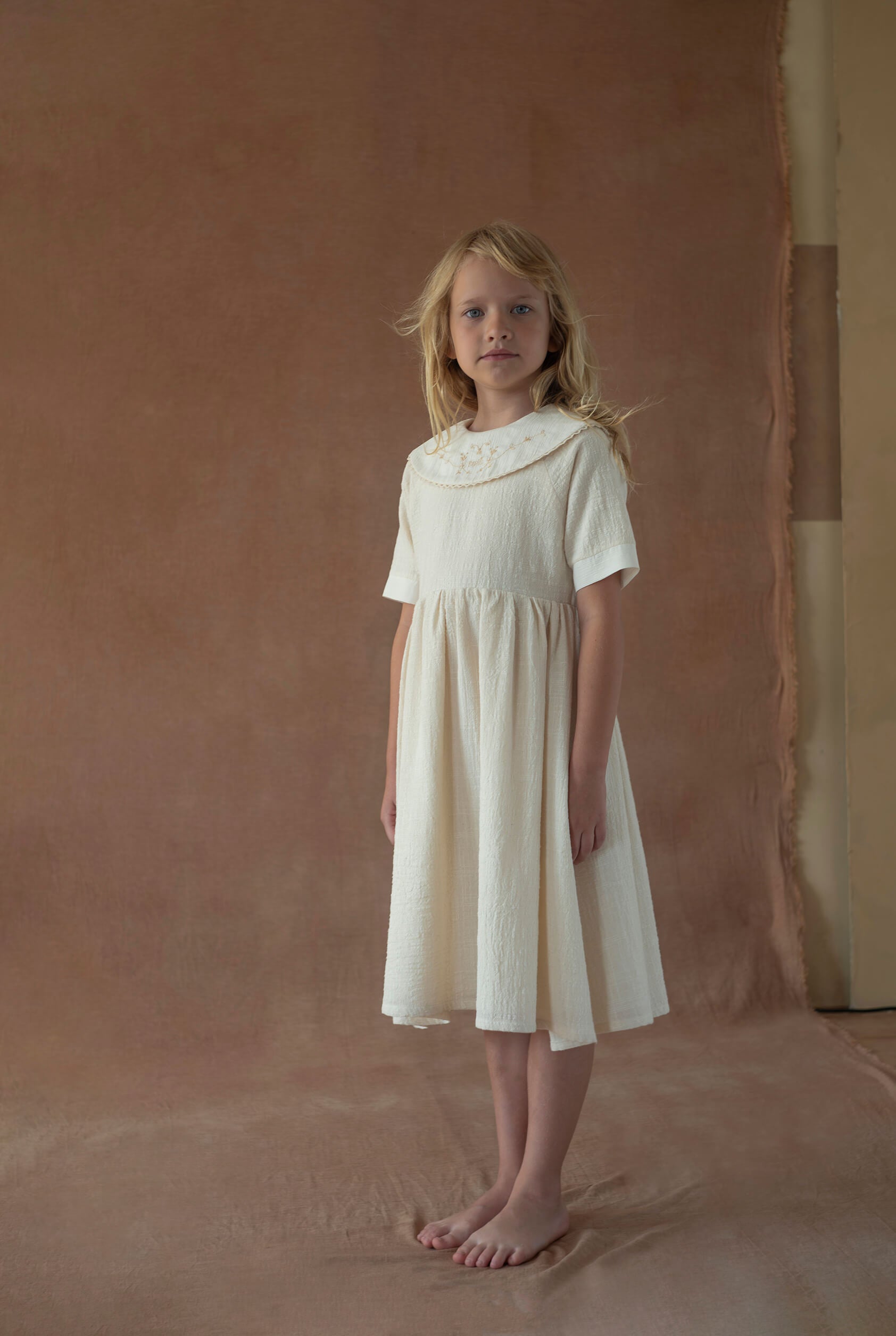Popelin Off-White Short Dress with Embroidered Bib Collar