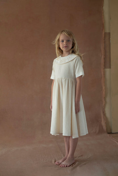 Popelin Off-White Short Dress with Embroidered Bib Collar