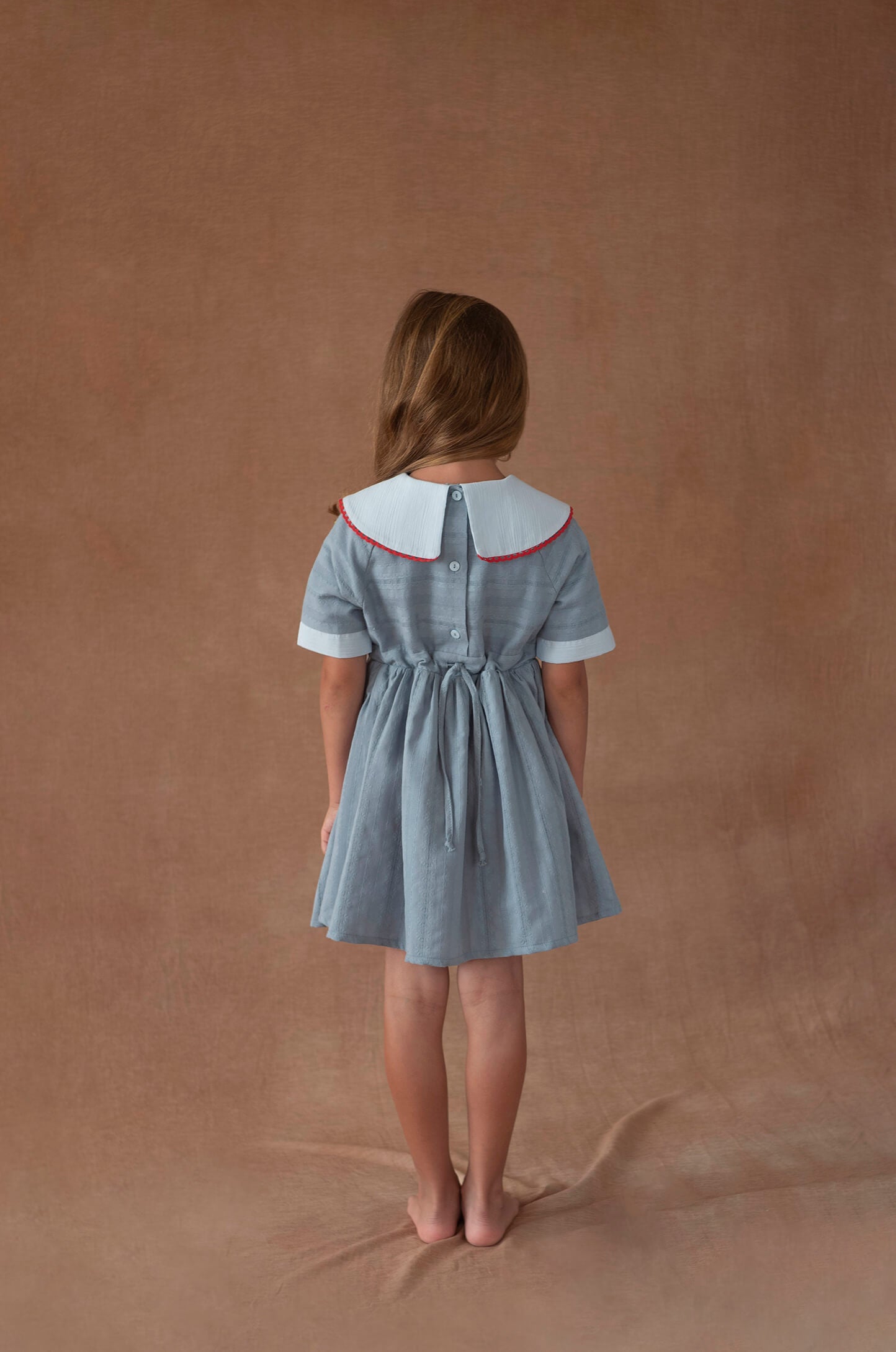 Popelin Blue Short Dress with Embroidered Bib Collar
