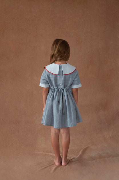 Popelin Blue Short Dress with Embroidered Bib Collar