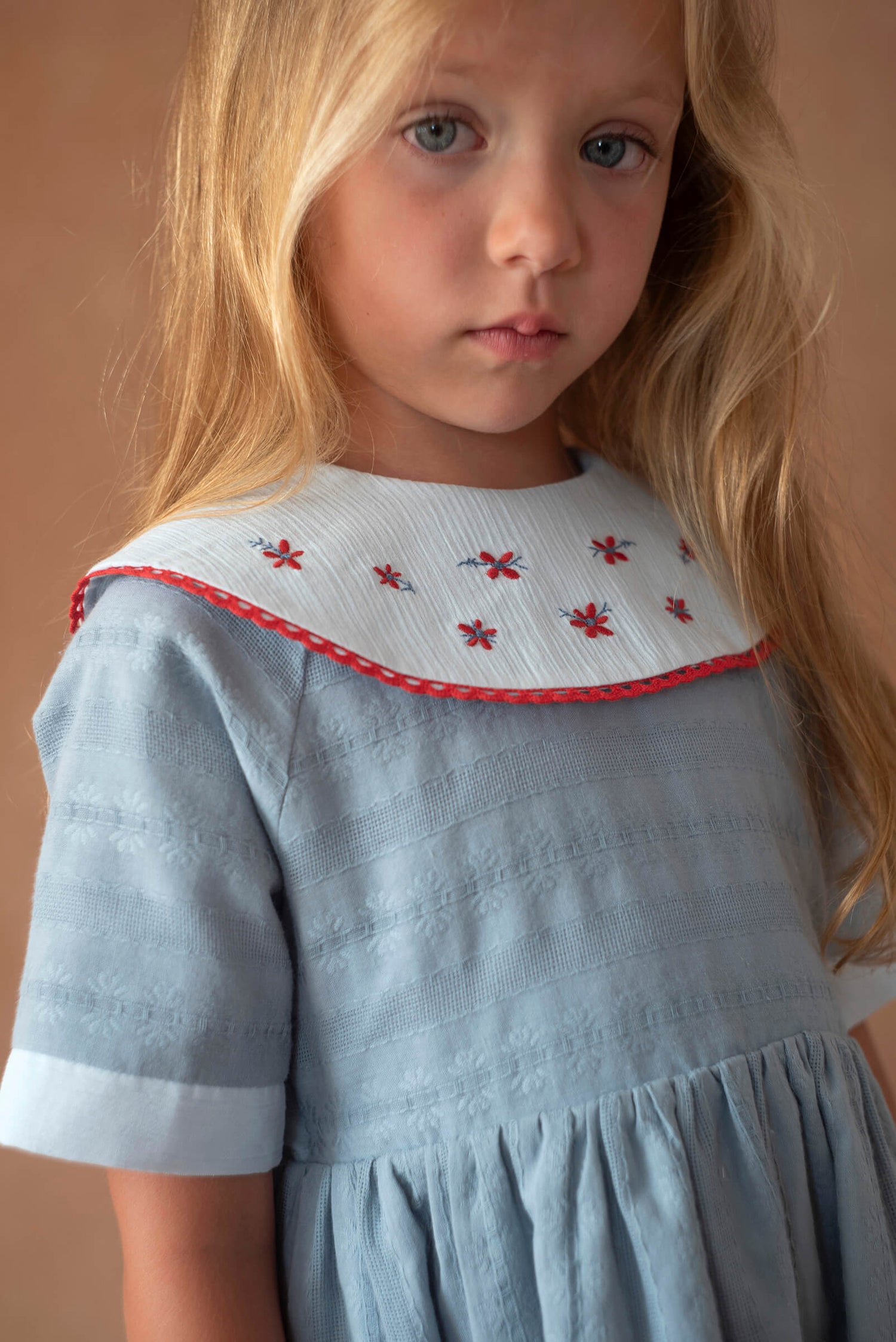 Popelin Blue Short Dress with Embroidered Bib Collar