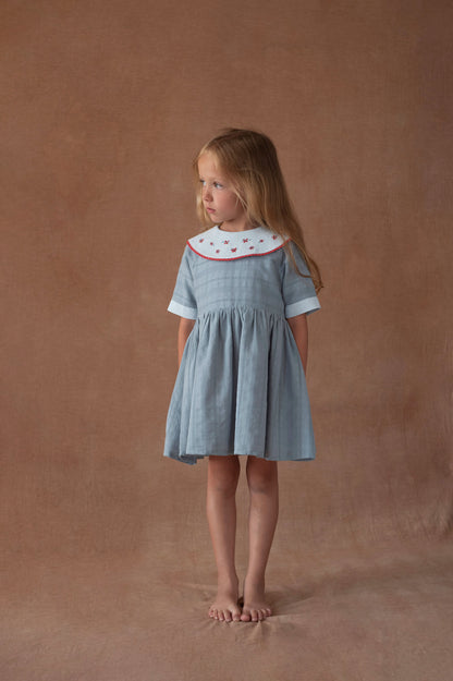 Popelin Blue Short Dress with Embroidered Bib Collar