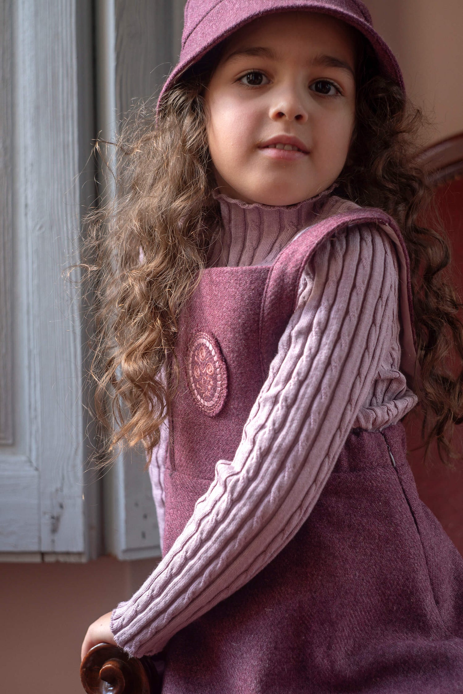 Popelin Girls Wine Red Woollen Short Dress With Embroidered Bib Yoke