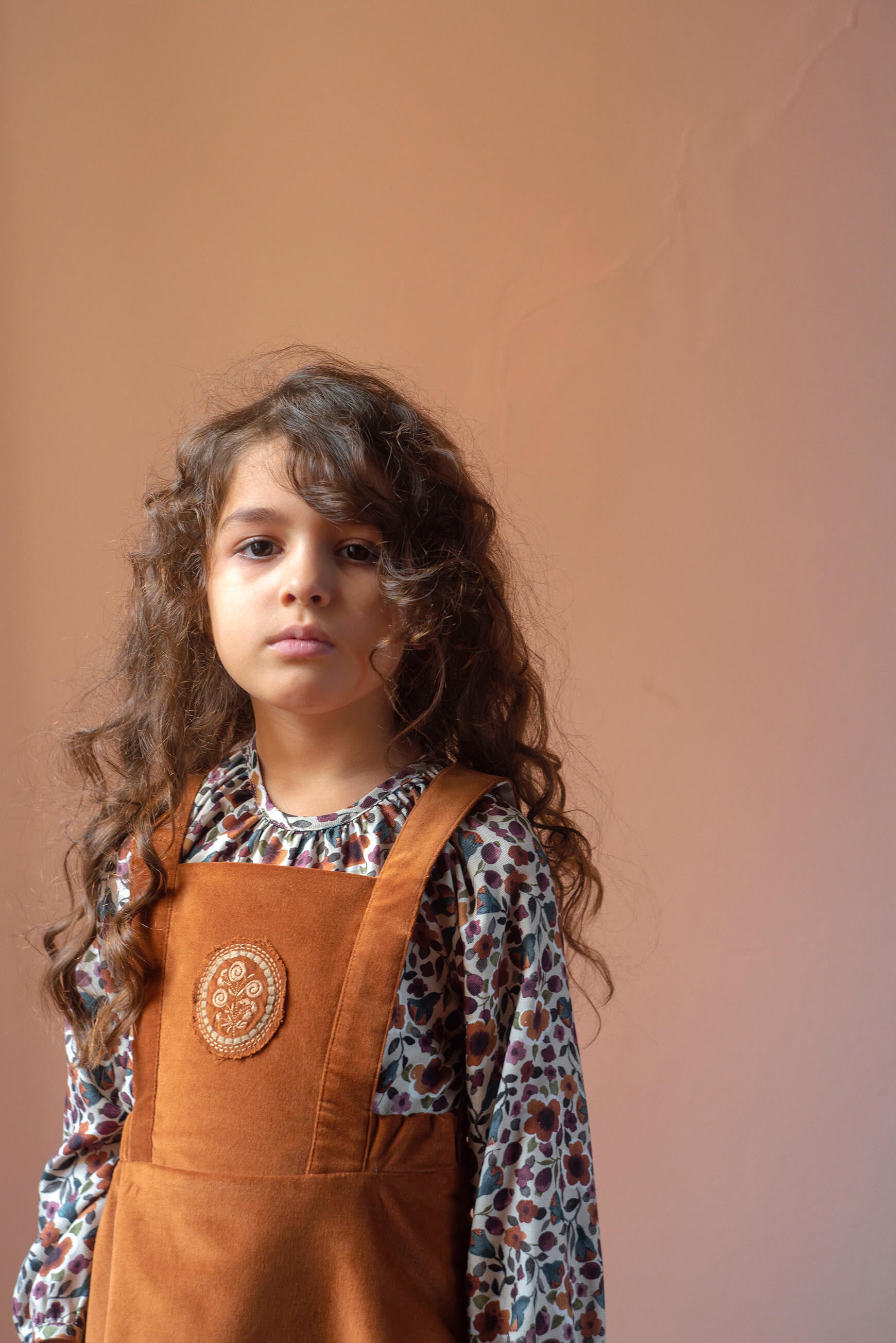 Popelin Girls Terracotta Velvet Short Dress With Embroidered Bib Yoke