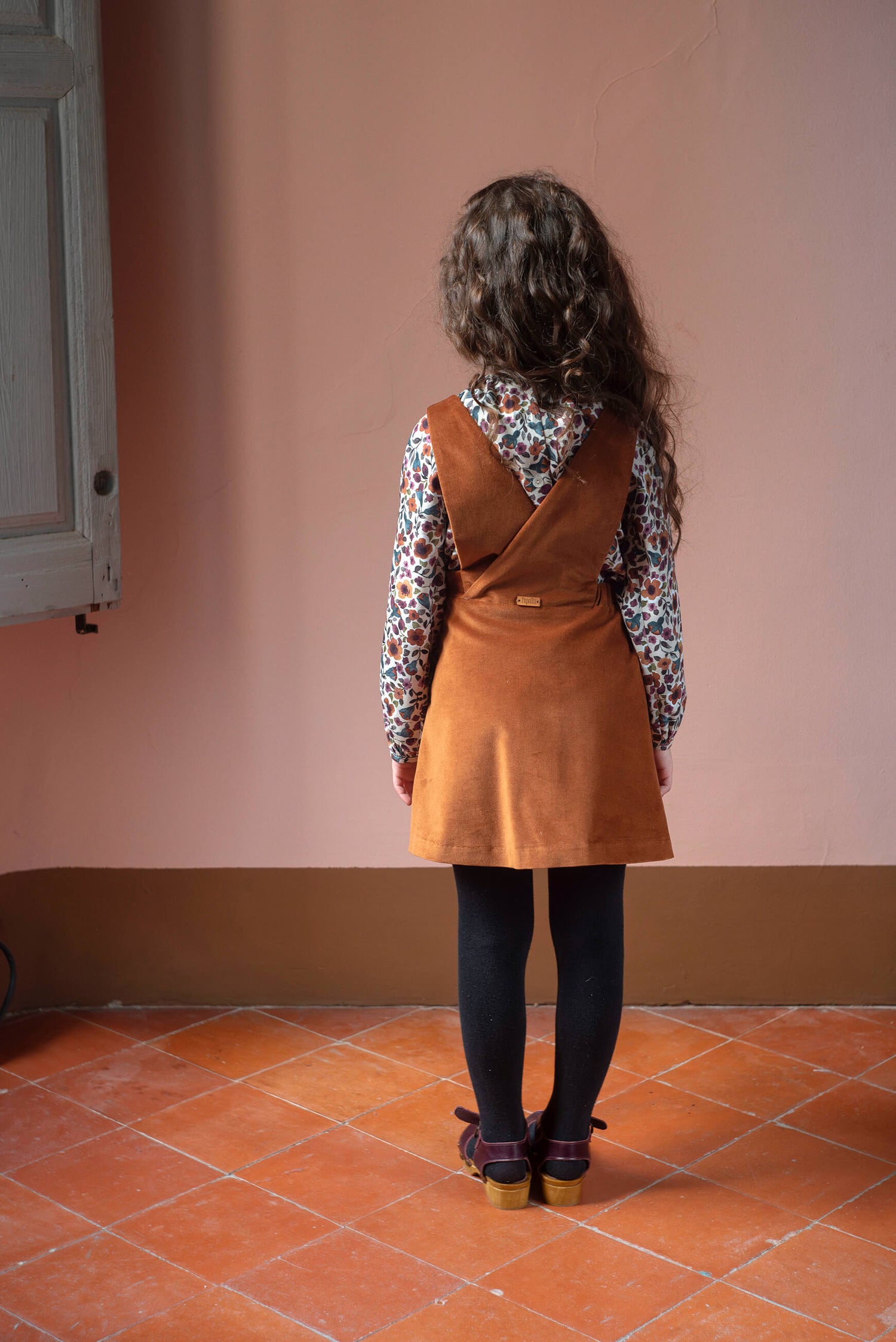 Popelin Girls Terracotta Velvet Short Dress With Embroidered Bib Yoke