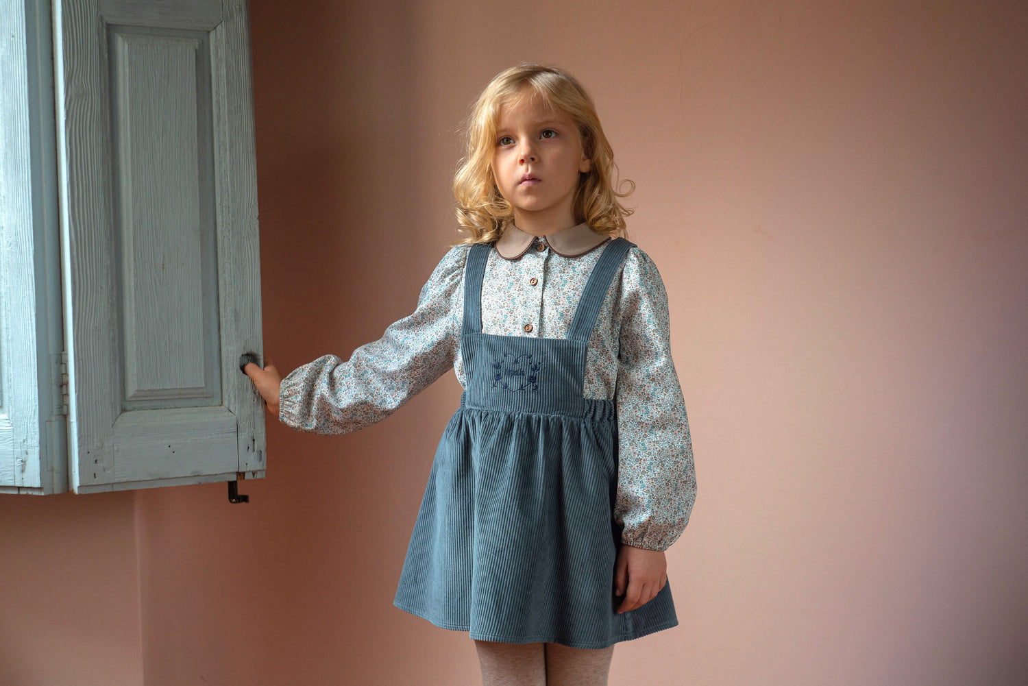 Popelin Girls Grey-Blue Corduroy Short Dress With Embroidered Bib