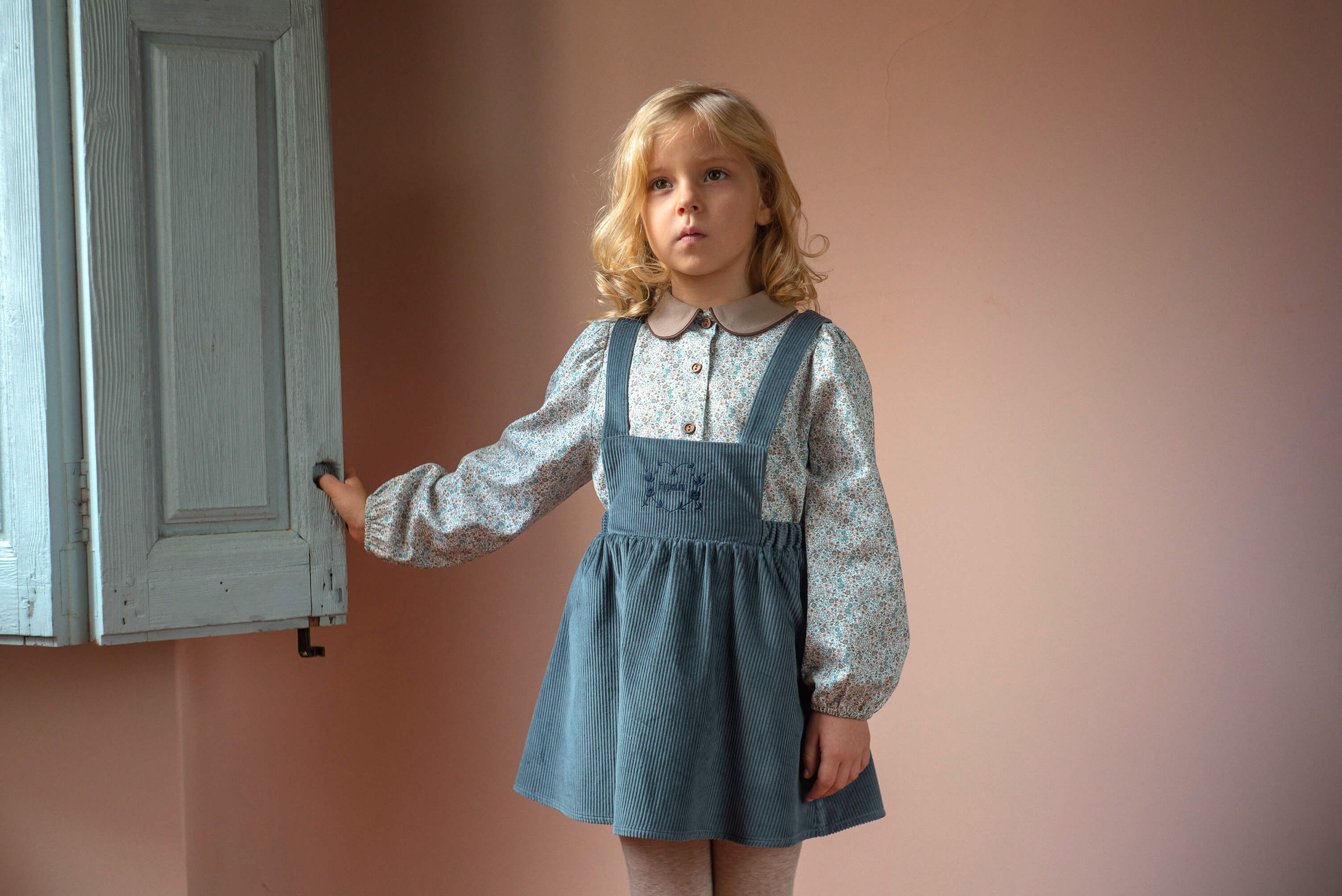 Popelin Girls Grey-Blue Corduroy Short Dress With Embroidered Bib