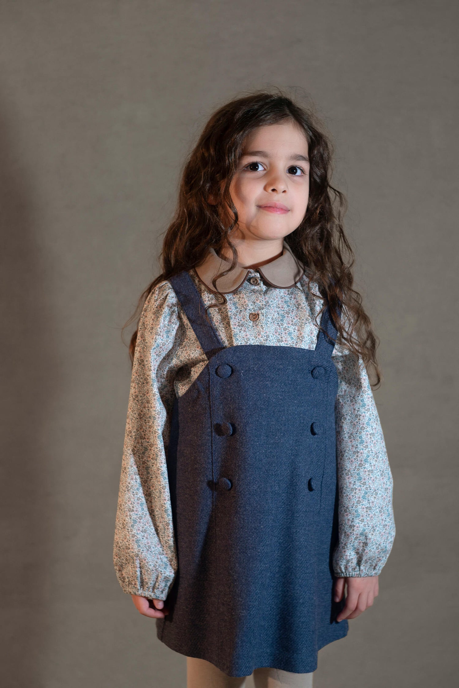 Popelin Girls Blue Wool Short Dress With Bib