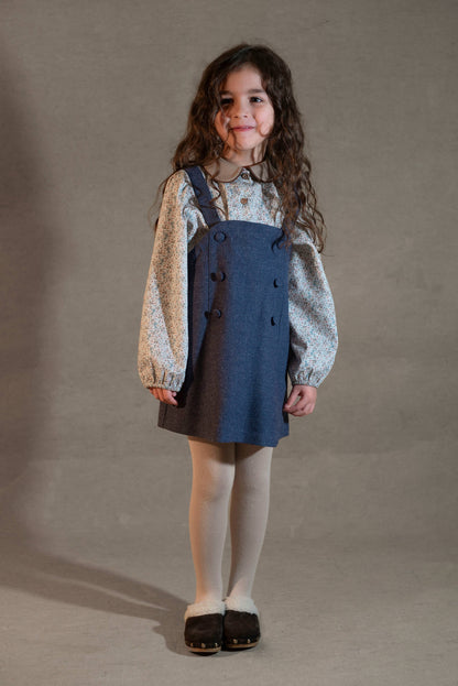 Popelin Girls Blue Wool Short Dress With Bib
