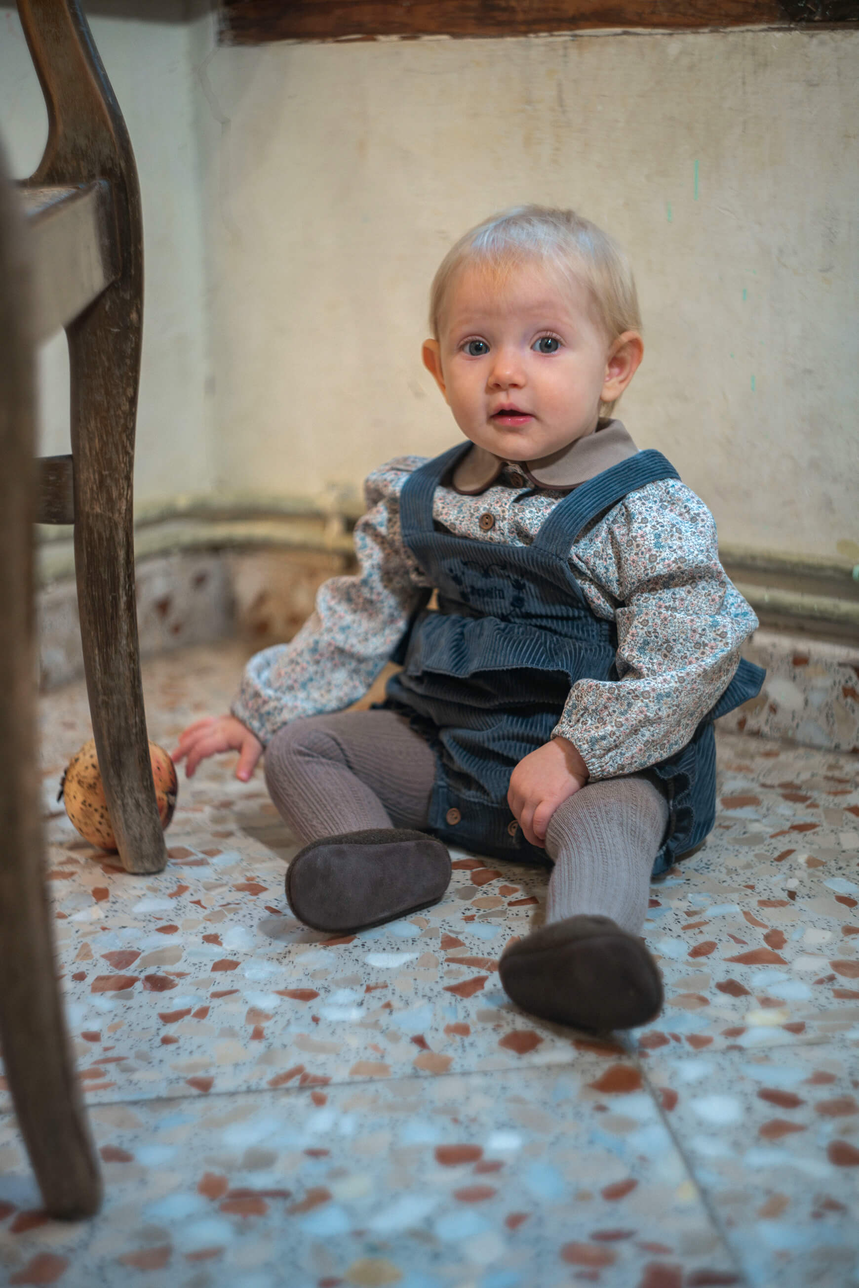 Popelin Baby Grey-Blue Corduroy Romper Suit With Frill