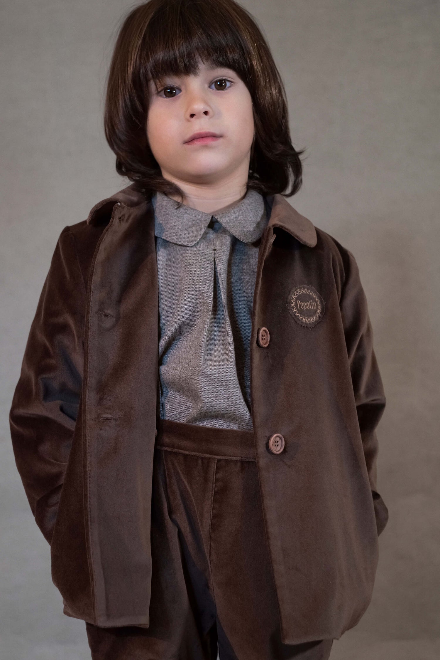 Popelin Brown Velvet Coat with Collar