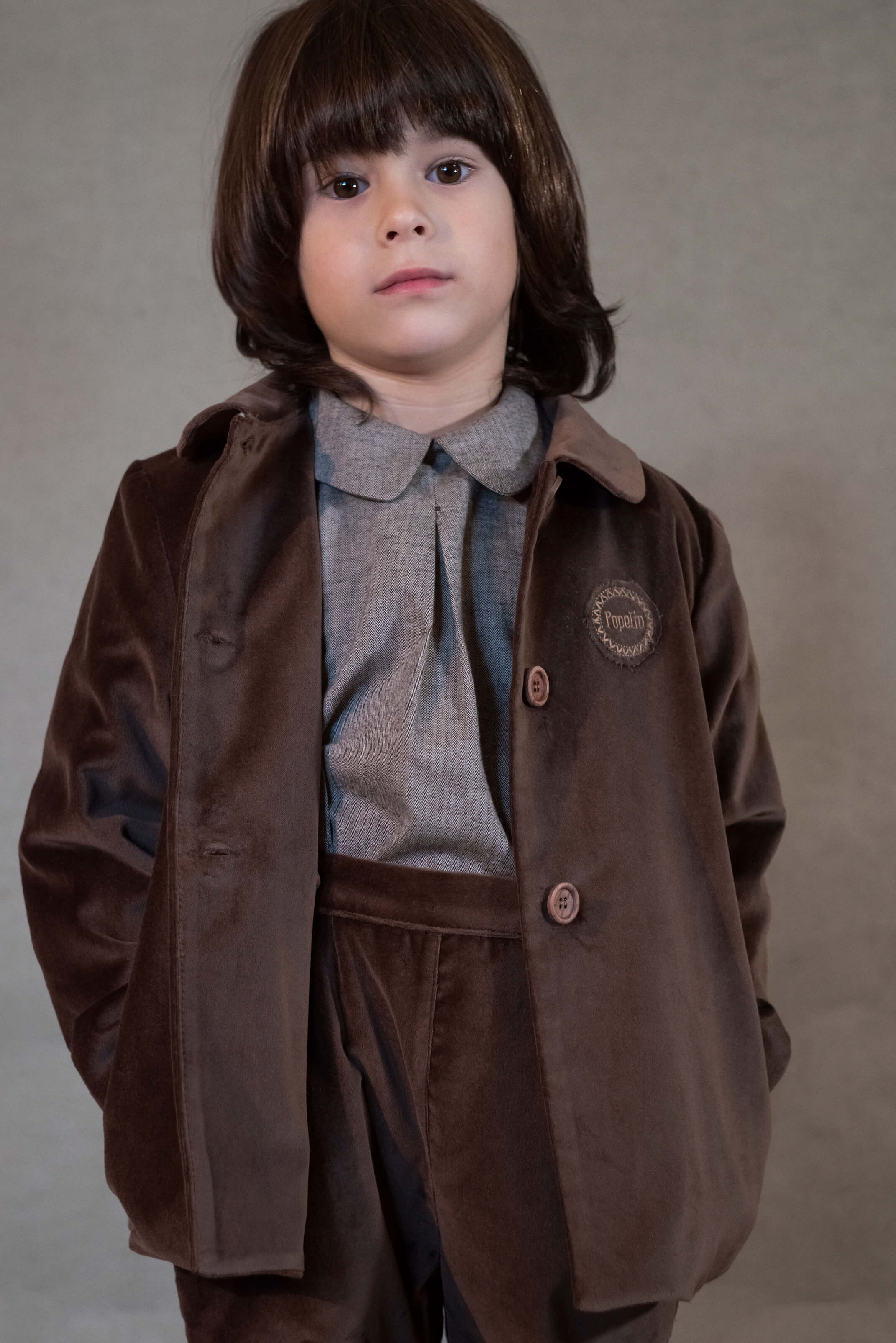 Popelin Brown Velvet Coat with Collar