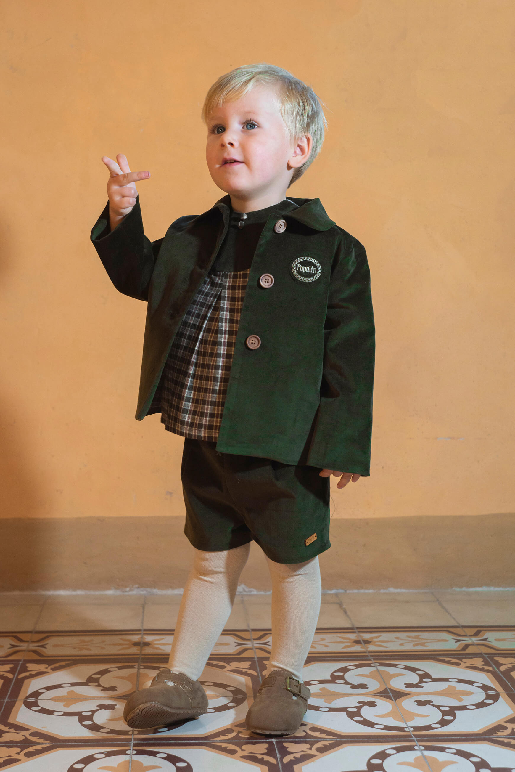 Popelin Boys Moss Green Velvet Coat with Collar