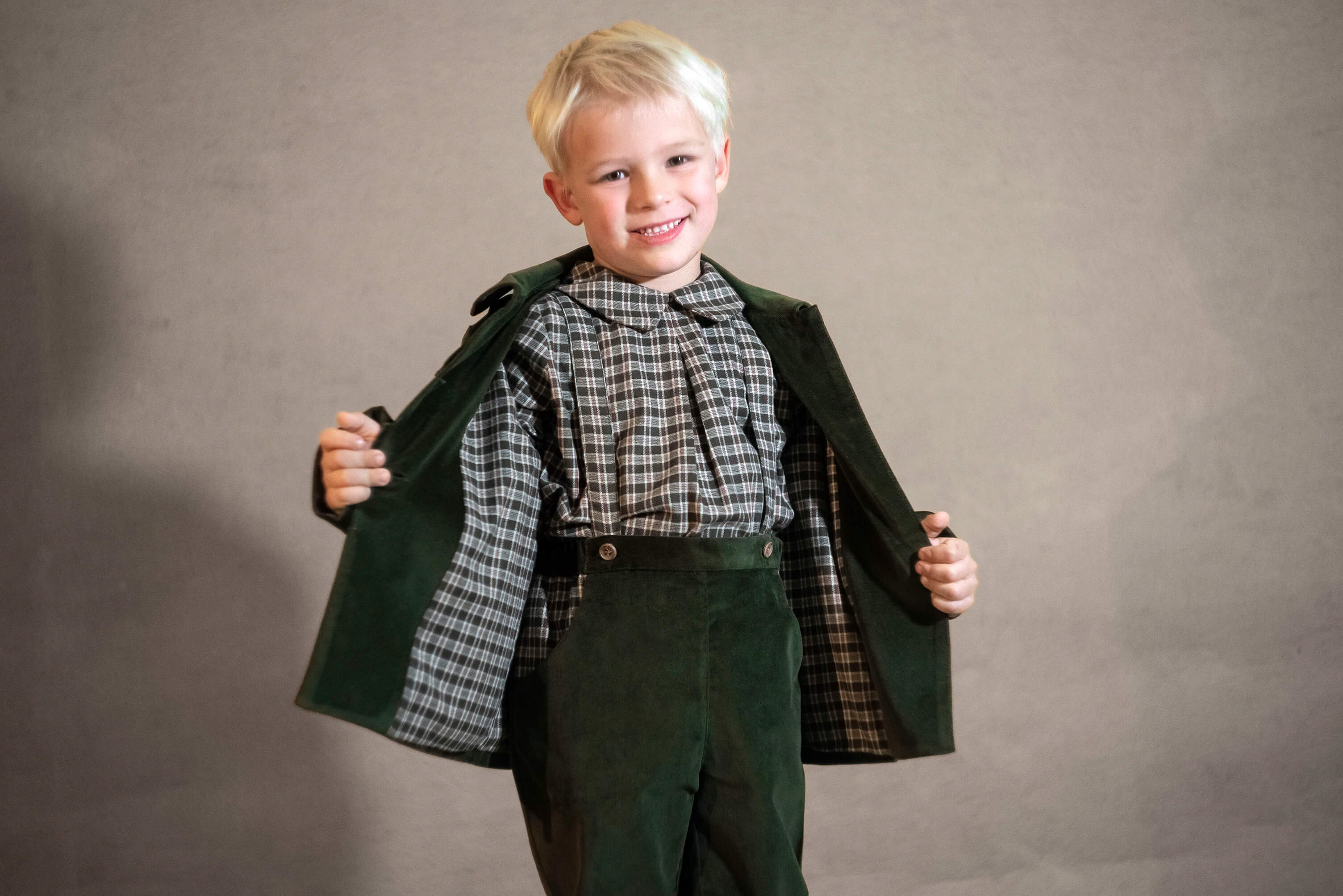 Popelin Boys Moss Green Velvet Coat with Collar